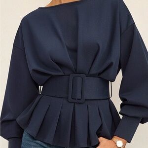 Commense Navy Blue Belted Blouse